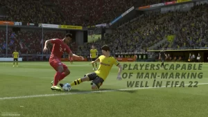 A Dorrtmund player man-marking in FIFA 22