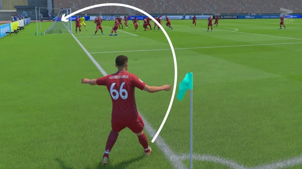 Trent Arnold shoots curved or finesse ball in the net from the corner in FIFA 22