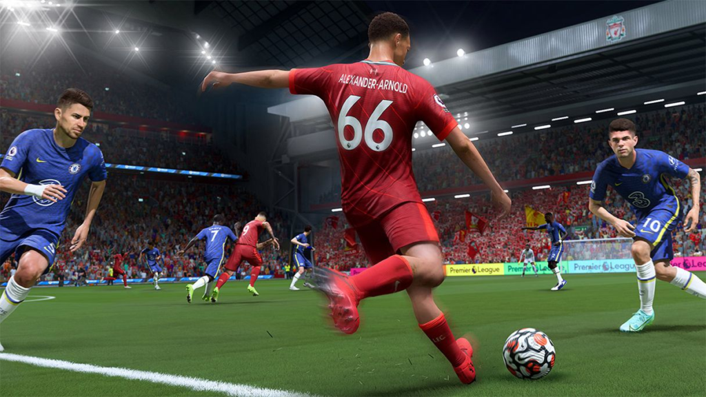 Trent Arnold use great vision to target and shoot a long ball pass in the FIFA 22 game
