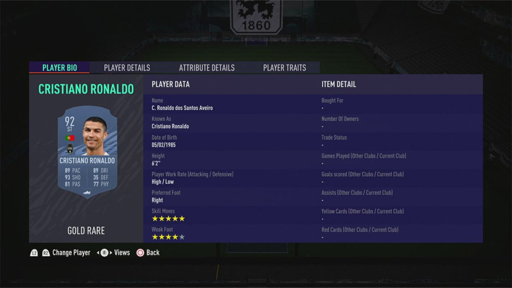 Ronaldo's skill and dribble rating is accessed in the player's data menu - Gamerina