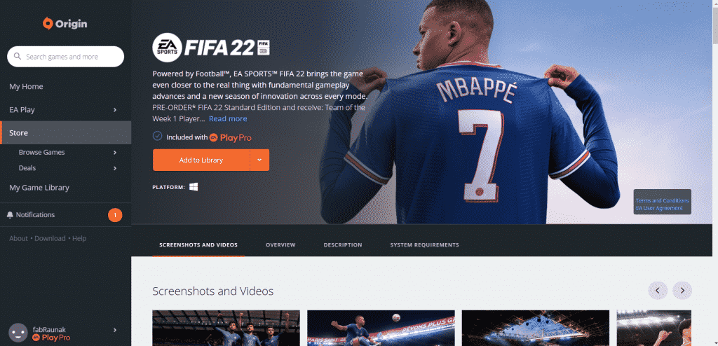Add FIFA 22 to the library for Download