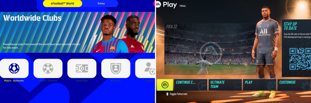 In-game menu of eFootball 2022 and FIFA 22