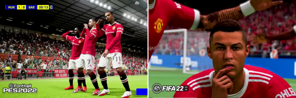 Players celebration in eFootball 2022 and FIFA 22