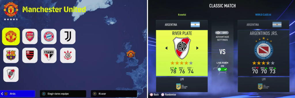 Select a club menu in eFootball 2022 and FIFA 22
