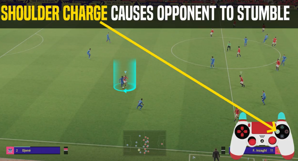 Shoulder charge causes an opposing player to stumble in eFootballl 2022