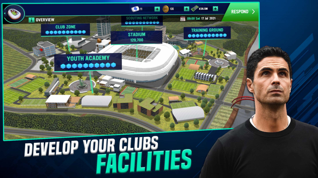 Develop stadium, training grounds, and youths academy in Soccer Manager 2023
