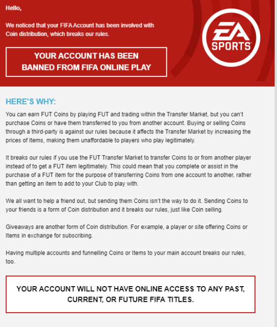 EA Team: Your account has been banned from FIFA Online Play