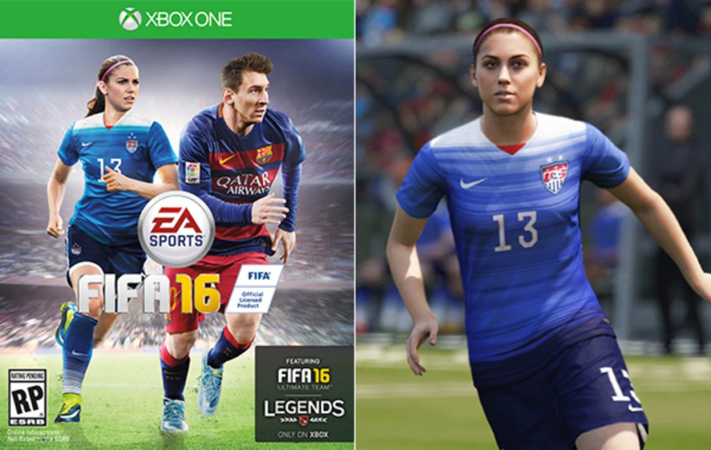 Alex Morgan as FIFA 2016 cover star with Lionel Messi