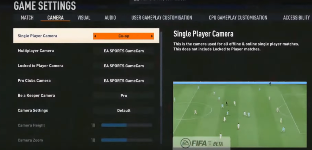 Game settings inside FIFA 23 Beta