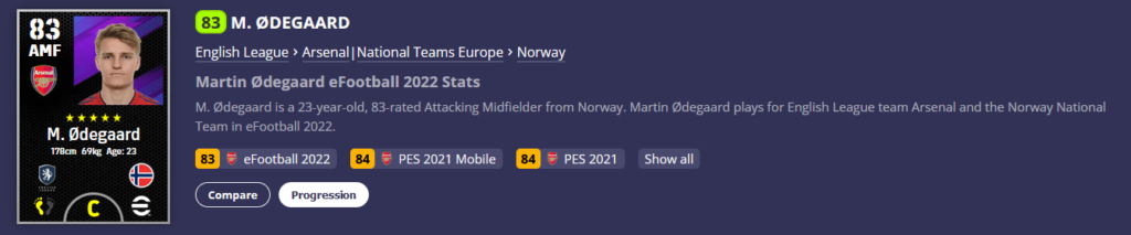 Martin Ødegaard profile in eFootball 2022 video game