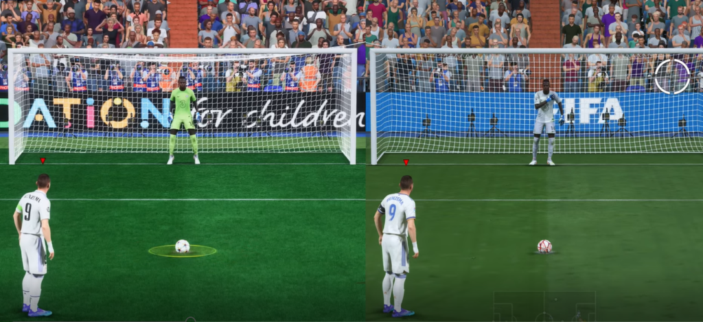 A penalty kick in FIFA 23 (left) and FIFA 22 (Rght)