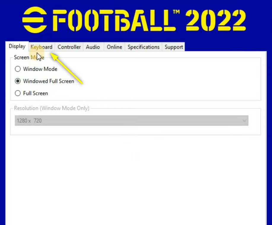 Keyboard section in eFootball 2022 game setting for PC