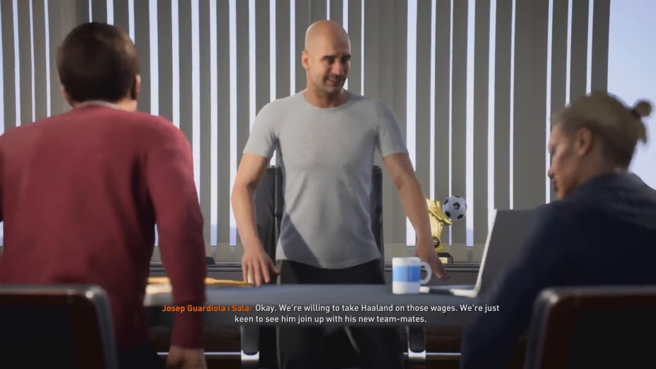Scenery display of Haaland and City Manager, Pep Guardiola during a negotiation for wages in FIFA 23