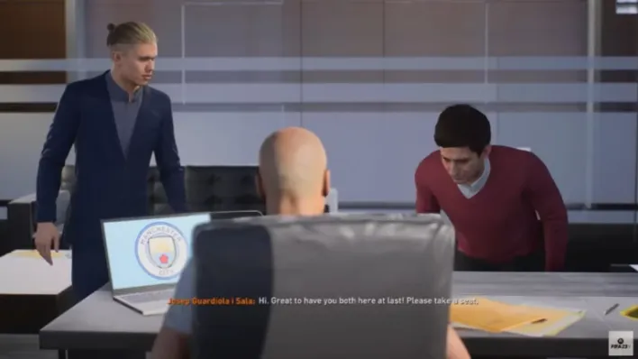 Scenery display of Haaland and City Manager, Pep Guardiola during a transfer negotiation in FIFA 23 game