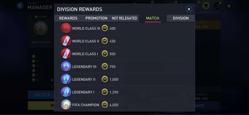 Individual Match Rewards in FIFA Mobile 22 Manager Mode
