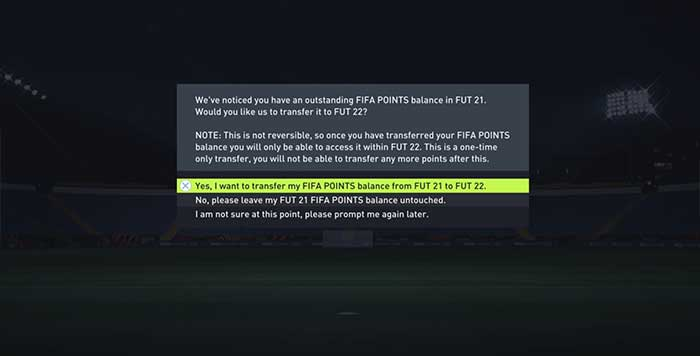Transfer FIFA points from FUT 21 to FUT 22