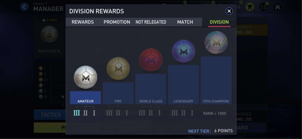Divisions in FIFA Mobile Manager Mode