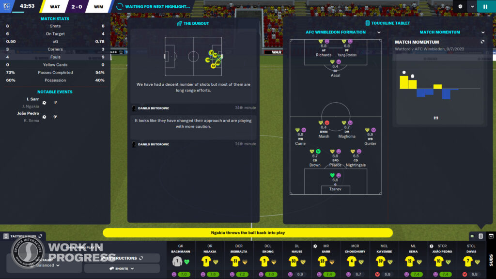 Match Analytics of Watford v AFC Wimbledon in Football Manager 2023