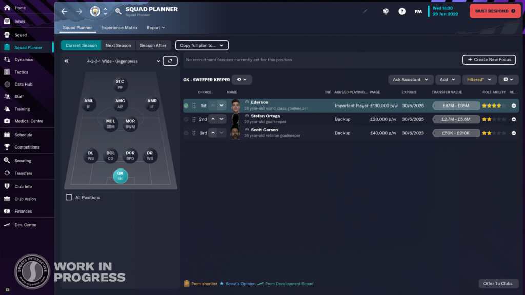 Squad view on the default sidebar on FM23