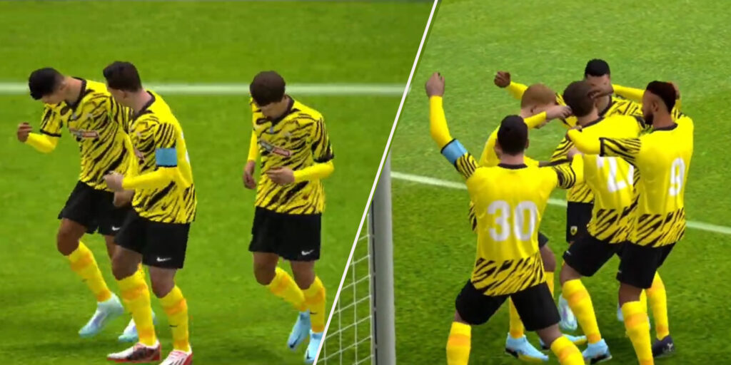 Messi, Cristiano Ronaldo, De Bruyne, Neymar, and Oyarzabal celebrate on AEK Athens kits in eFootball 2023