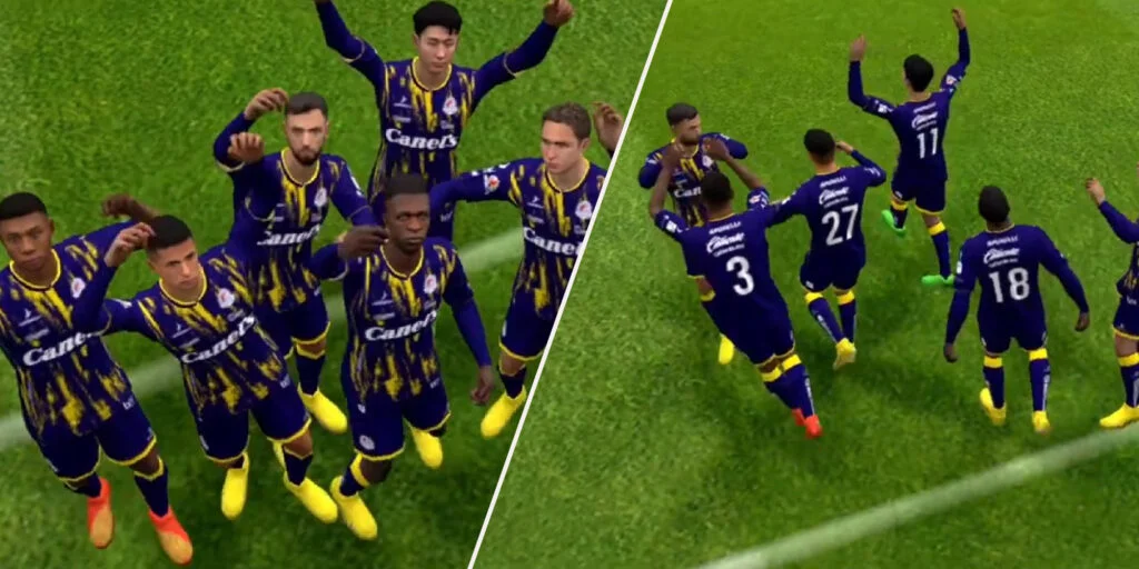 Alaba, Son Heung-Min, Fernandes, Vinicius, Chiesa, and other players celebrate on San Luis kits in eFootball 2023
