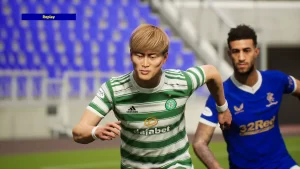 Celtic Kyogo Furuhashi Running Ahead of a Rangers FC player in eFootball 2023
