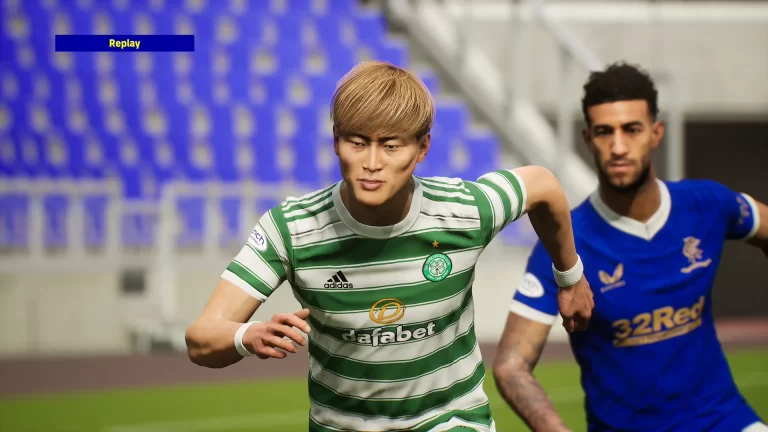 Celtic Kyogo Furuhashi Running Ahead of a Rangers FC player in eFootball 2023