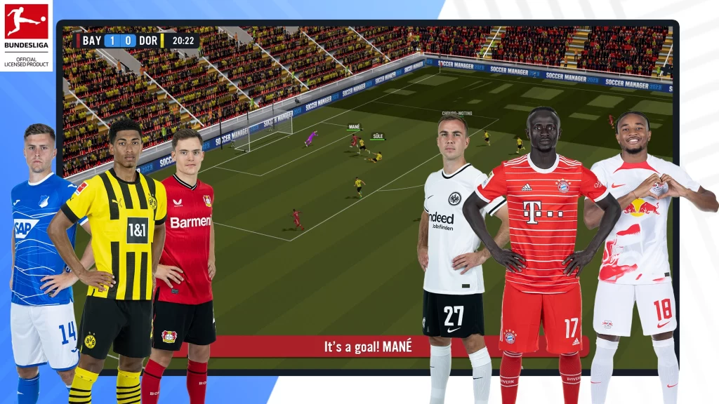 Papadopoulos, Bellingham, Mane, Gotze, Nkunku, and a Bayern Leverkusen player on Soccer Manager 2023