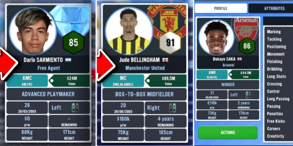 Potential ratings of Soccer Manager 2023 Wonderkids: Jude Bellingham, Saka, and Sarmiento