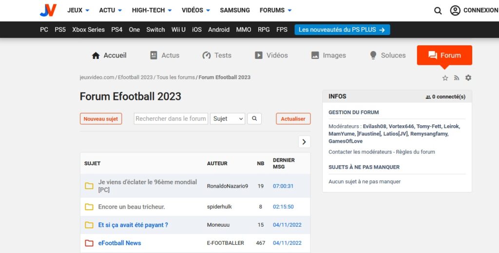 Front page of Jeuxvideo's Forum Efootball 2023