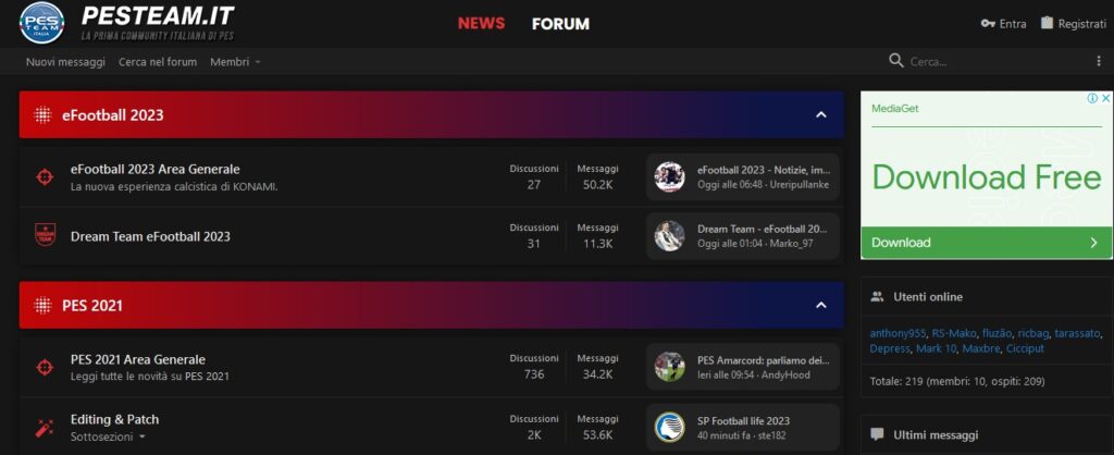 Front page of the eFootball 2023 Forum on PESTeam.it