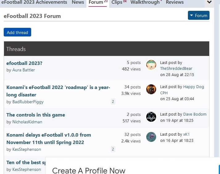 Main page of the eFootball 2023 Forum on TrueAchievements