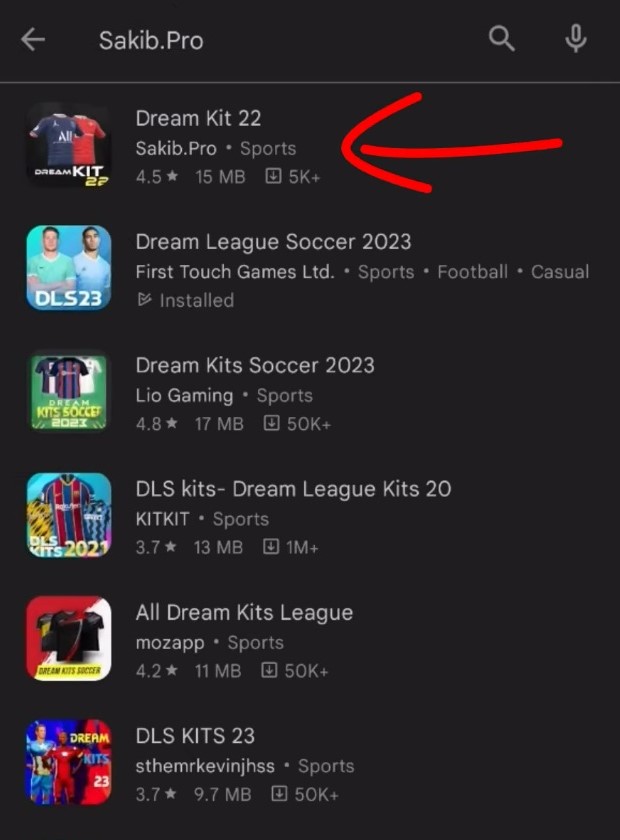 A search for sakib pro dls 23 kits app on PlayStore