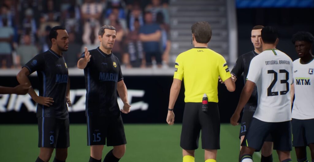 A referee addressing a crucial situation between two teams in a match on UFL