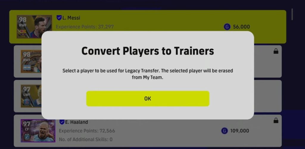 Converting players to trainers through eFootball 2023 Legacy Transfer