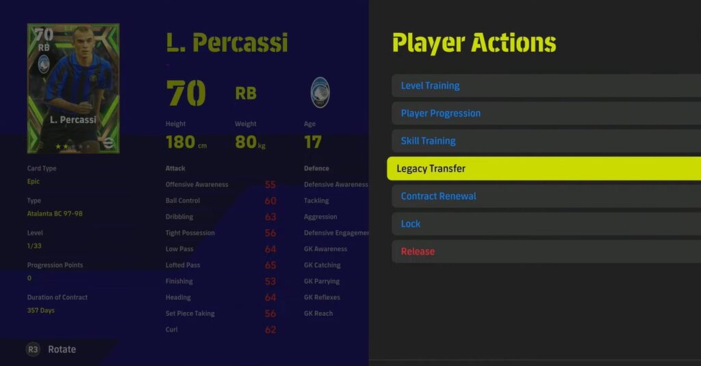 eFootball 2023 Legacy Transfer in Player Actions menu