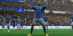 Man City Erling Haaland Celebrates a goal scored in FC 24