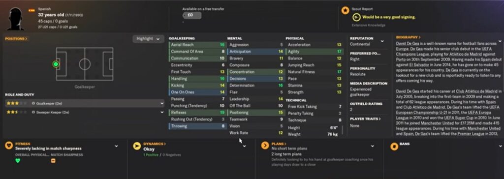 Free Agent David de Gea in Football Manager 2024