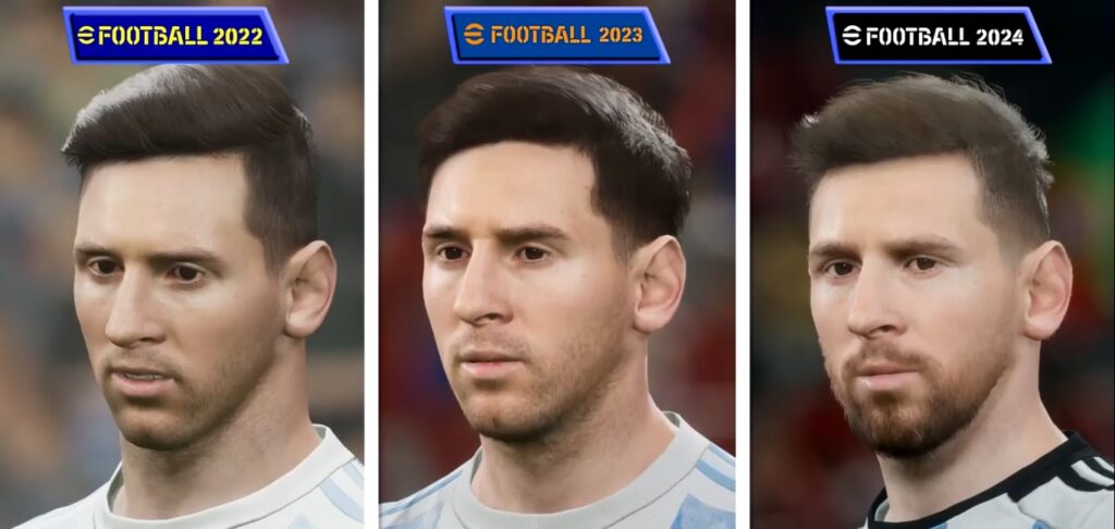 Messi face in eFootball-22 vs 23 vs 24