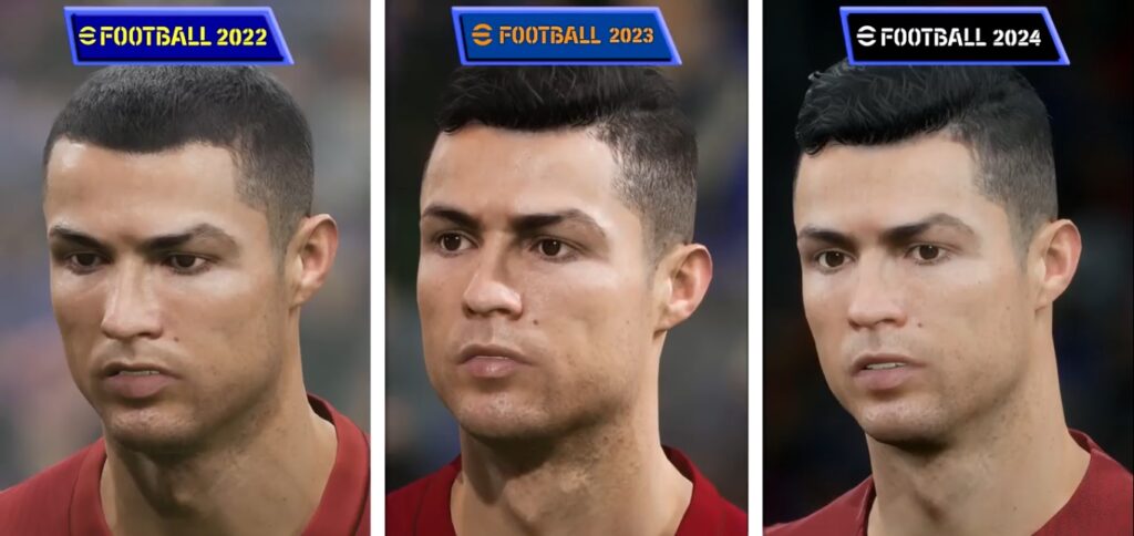 Cristiano Ronaldo player face model in eFootball 22 vs 23 vs 24