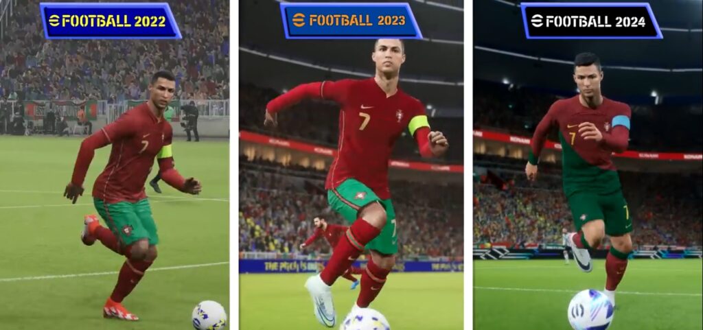 Player running motion in eFootball 22 vs 23 vs 24