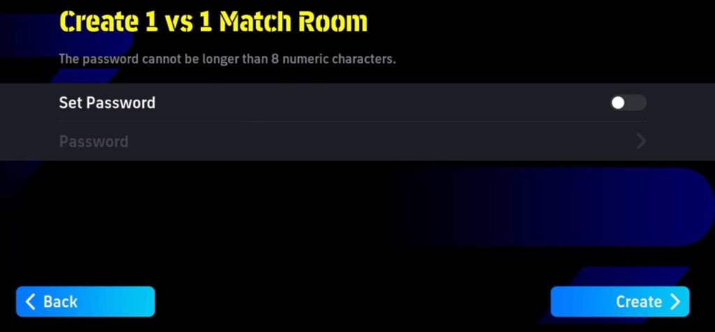 1 vs 1 Match Room creation tab in eFootball 2024