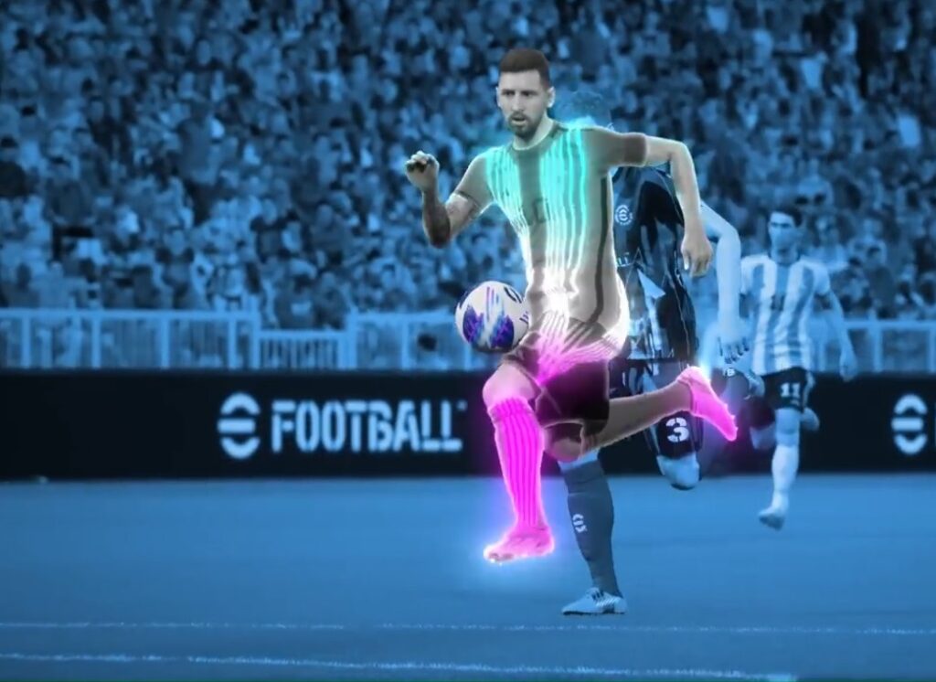 eFootball Messi runs with the ball.