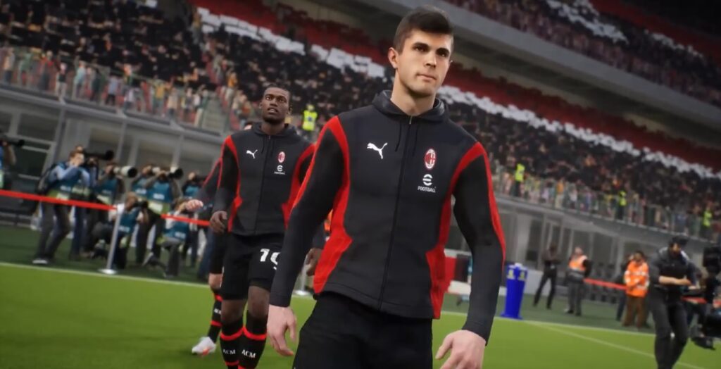 A number of AC Milan players are seen arriving at the stadium on eFootball 2024, including Pulisic and Leao