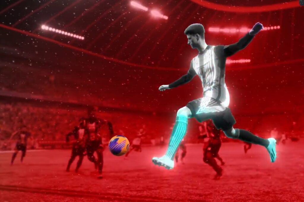 Thomas Muller Jumps up in an attempt to shoot the ball in eFootball 2024 match