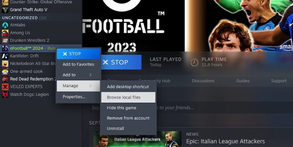 eFootball 2024 folder directory on steam