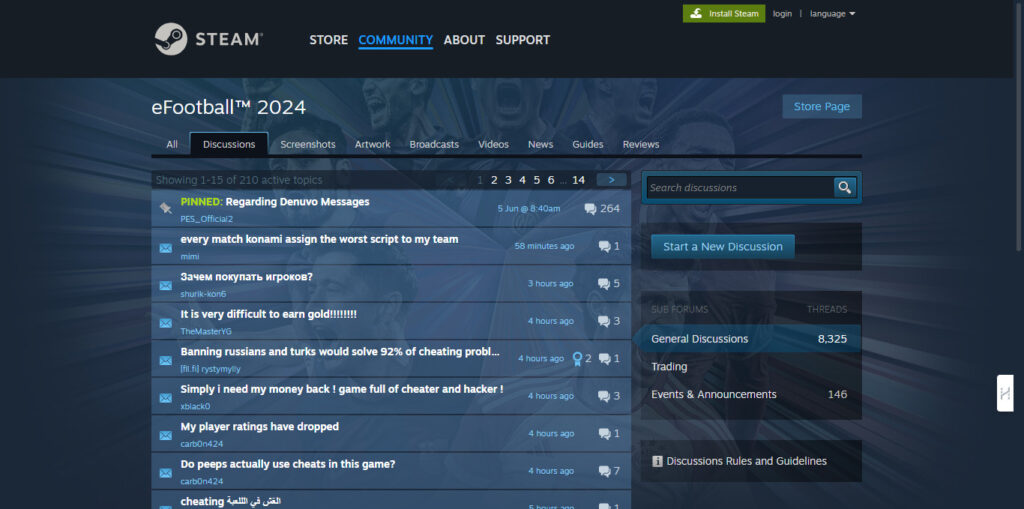 The discussion forum of Steam for the eFootball game,